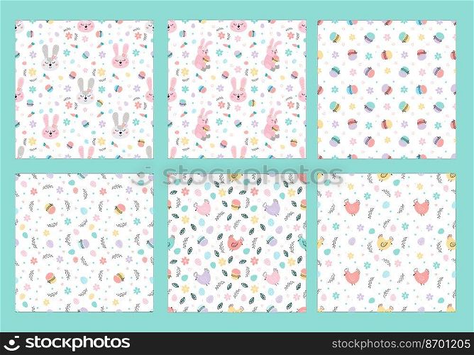Cute set of Easter patterns. Easter patterns with rabbits, Easter eggs, Easter cakes, etc. Perfect for textiles, banners, candy wrappers, wallpaper. Vector illustration. Cute set of Easter patterns. Easter patterns with rabbits, Easter eggs, Easter cakes, etc.