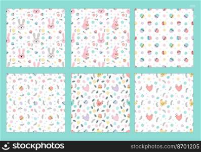Cute set of Easter patterns. Easter patterns with rabbits, Easter eggs, Easter cakes, etc. Perfect for textiles, banners, candy wrappers, wallpaper. Vector illustration. Cute set of Easter patterns. Easter patterns with rabbits, Easter eggs, Easter cakes, etc.