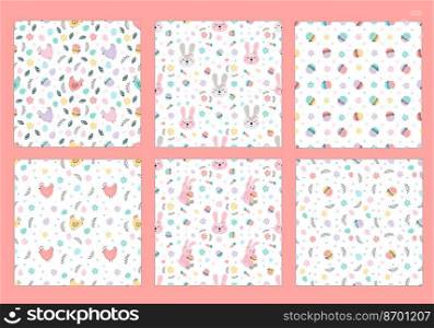 Cute set of Easter patterns. Easter patterns with rabbits, Easter eggs, Easter cakes, etc. Perfect for textiles, banners, candy wrappers, wallpaper. Vector illustration. Cute set of Easter patterns.