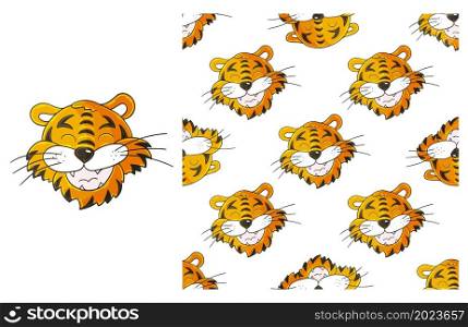 Cute Set of element and seamless pattern. Ideal for children&rsquo;s clothing. Tiger head. Can be used for fabric, wrapping paper and etc. Cute Set of element and seamless pattern. Ideal for children&rsquo;s clothing