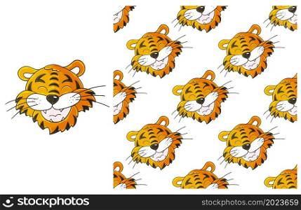 Cute Set of element and seamless pattern. Tiger head. Ideal for children&rsquo;s clothing. Can be used for fabric, packaging, wrapping paper and etc. Cute Set of element and seamless pattern. Ideal for children&rsquo;s clothing