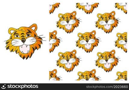 Cute Set of element and seamless pattern. Tiger head. Ideal for children&rsquo;s clothing. Can be used for fabric, wrapping and etc. Cute Set of element and seamless pattern. Ideal for children&rsquo;s clothing