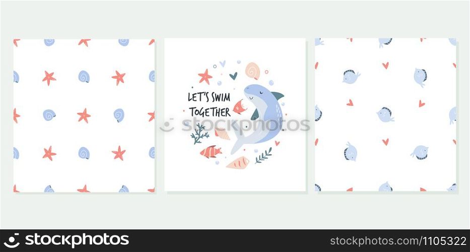 Cute set of greeting cards in a marine style. Funny ocean characters. Cute set of greeting cards in a marine style