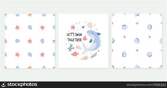 Cute set of greeting cards in a marine style. Funny ocean characters. Cute set of greeting cards in a marine style