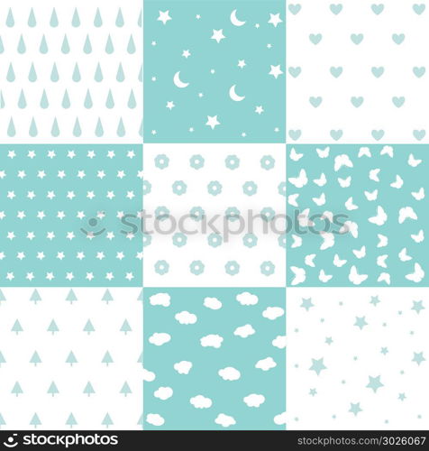 Cute set of kids seamless patterns with fabric textures