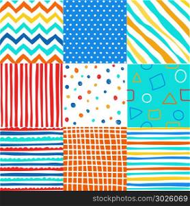 Cute set of kids seamless patterns with fabric textures
