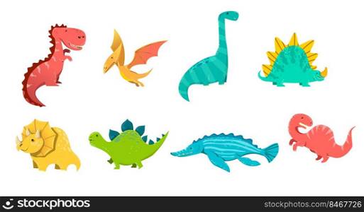Cute set of prehistoric dinosaurs. Vector illustrations of baby dino and funny dragons. Cartoon collection with stegosaurus triceratops pterodactyl isolated on white. Ancient animals, wildlife concept. Cute set of prehistoric dinosaurs