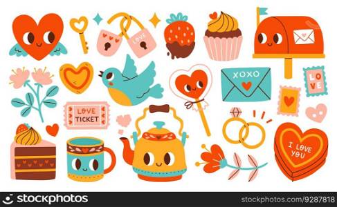 Cute set of romantic elements for Valentines day. Hearts, sweets, flowers, cupcakes, gifts and other cute items. Vector illustrations for valentines day, stickers, greeting cards, etc.