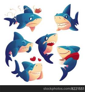 Cute shark cartoon character, funny fish mascot, underwater animal express emotions fall in love, smiling, suffer of plastic trash, drink tea, sneezing and yell. Toothy predator isolated vector set. Cute shark cartoon character, funny fish mascot