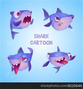 Cute shark cartoon character, funny fish mascot, underwater animal with kawaii muzzle express emotions fall in love, smiling, crazy, surprised and angry. Wild toothy predator, isolated vector set. Cute shark cartoon character, funny fish mascot