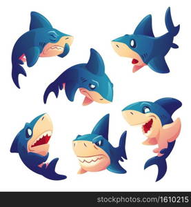 Cute shark character with different emotions isolated on white background. Vector set of cartoon mascot, fish with teeth smiling, angry, hungry, sad and surprised. Creative emoji set, animal chatbot. Cute shark character with different emotions
