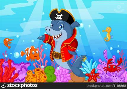 Cute shark pirate cartoon with collection fish