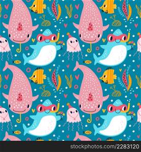 Cute shark seamless pattern. Cartoon funny marine characters. Happy fish and jellyfish with divers masks or holiday hats. Birthday print. Ocean animals. Underwater predators. Vector sea background. Cute shark seamless pattern. Cartoon marine characters. Fish and jellyfish with divers masks or holiday hats. Birthday print. Ocean animals. Underwater predators. Vector sea background