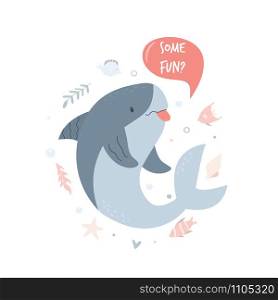 Cute shark swimming in ocean. Poster with adorable character. For invitations, baby showers, decor for childrens bedroom, t-shirt print. Cute shark design. Poster with adorable character