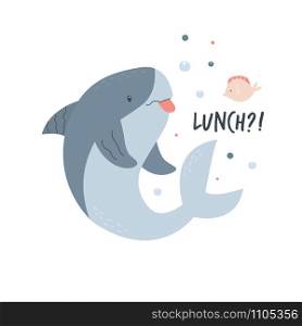 Cute shark swimming in ocean. Poster with adorable character. For invitations, baby showers, decor for childrens bedroom, t-shirt print. Cute shark design. Poster with adorable character