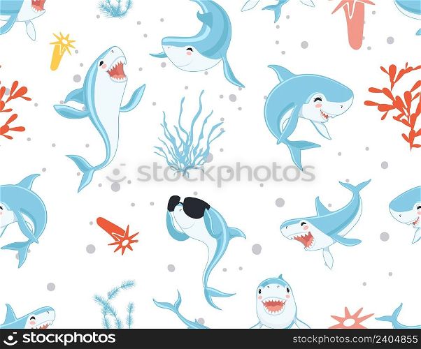 Cute sharks pattern. Funny cartoon shark, seaweed print. Sea wildlife, underwater world vector seamless texture. Illustration of animal shark sea, character in ocean pattern. Cute sharks pattern. Funny cartoon shark, seaweed print. Sea wildlife, underwater world vector seamless texture