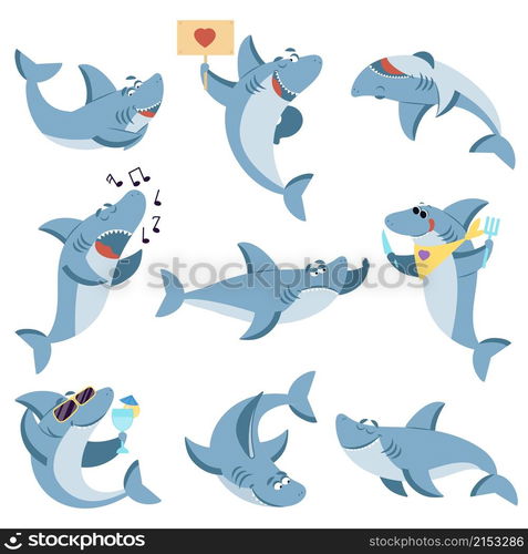 Cute sharks set. Ocean life, isolated shark scary. Underwater monster fish. Funny sea wild animal for baby kids vector characters. Underwater wildlife, funny marine fish, animal swimming illustration. Cute sharks set. Ocean life, isolated shark scary. Underwater cartoon monster fish. Funny sea wild animal for baby kids decent vector characters