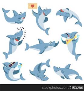 Cute sharks set. Ocean life, isolated shark scary. Underwater monster fish. Funny sea wild animal for baby kids vector characters. Underwater wildlife, funny marine fish, animal swimming illustration. Cute sharks set. Ocean life, isolated shark scary. Underwater cartoon monster fish. Funny sea wild animal for baby kids decent vector characters