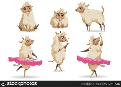 Cute sheep animal cartoon set. Little fluffy lamb mascot with cute face and flower on ear wear tutu, dance ballet, funny character enjoying life, sniff blossom, relax isolated on white background. Cute sheep animal cartoon set. Little fluffy lamb