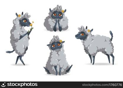 Cute sheep animal cartoon set. Little fluffy lamb mascot with funny face and flower on ear. Kawaii character enjoying life, sniff blossom, relaxing, dreaming and walking isolated on white background. Cute sheep animal cartoon set. Little fluffy lamb