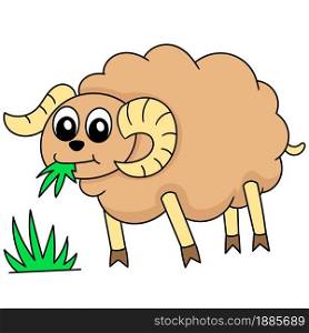 cute sheep animals eating grass, doodle icon image. cartoon caharacter cute doodle draw