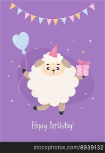 Cute sheep birthday with balloon, gift and garland. Happy birthday greeting card. Vector illustration in cartoon flat style