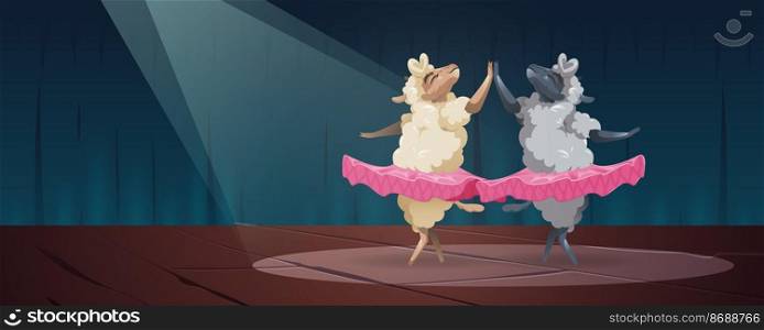 Cute sheep dance ballet on scene. Farm animals cartoon ballerina dancers wear pink tutu perform spectacle on stage with spotlights. Little fluffy lambs funny characters fun, Vector illustration. Cute sheep dance ballet on scene animals ballerina