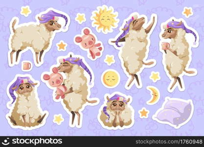 Cute sheep in nightcap, cartoon animal stickers set. Little fluffy lamb mascot with funny face hugging pig toy, wear curlers on fur, drink milk before night sleep. Kawaii character isolated patches. Cute sheep in nightcap, cartoon animal stickers