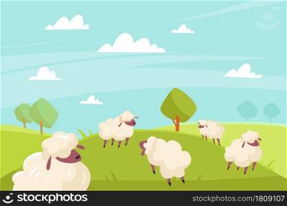 Cute sheeps grazing. Green meadows and blue sky, countryside summer sunny landscape, farm animals outdoors. Cute fluffy ewe in nature background. Rural scene vector cartoon flat style isolated concept. Cute sheeps grazing. Green meadows and blue sky, countryside summer sunny landscape, farm animals outdoors. Cute fluffy ewe in nature background. Rural scene, vector cartoon flat isolated concept