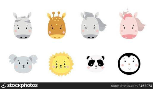 Cute simple animal portraits. A set of portraits of exotic animals - zebra and giraffe, horse and unicorn, koala and lion, panda and penguin. For childrens decor, print, design and textiles. Vector