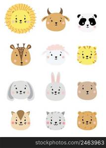cute simple animal portraits. Set of color animal portraits - sheep, cow, lion and tiger, panda and deer, hare and bear, dog and cat. For childrens decoration, printing, textiles. Vector illustration