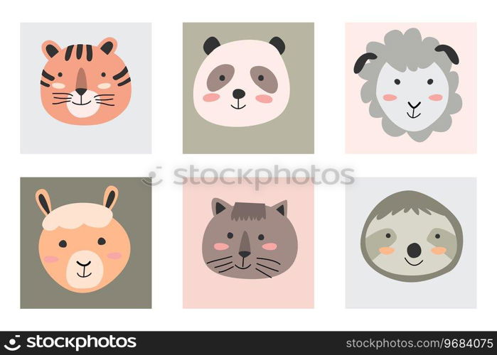 cute simple portrait animals in a scandinavian stile. Vector illusttration - set tiger, panda, sloth, alpaca, cat and sheep. Simple animals face suitable for kids poster, cards, nursery decoration. . simple portrait animals in a scandinavian stile