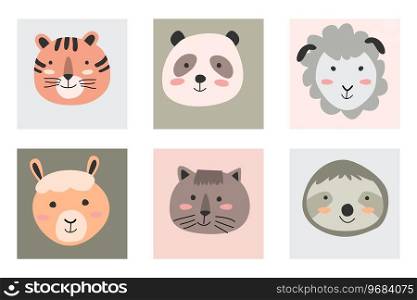 cute simple portrait animals in a scandinavian stile. Vector illusttration - set tiger, panda, sloth, alpaca, cat and sheep. Simple animals face suitable for kids poster, cards, nursery decoration. . simple portrait animals in a scandinavian stile