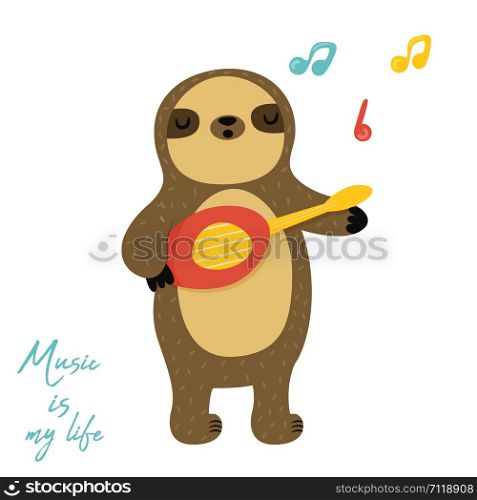 Cute singing sloth playing little ukulele. Animal character design. Suitable for prints, greeting cards. Cute singing sloth playing little ukulele.