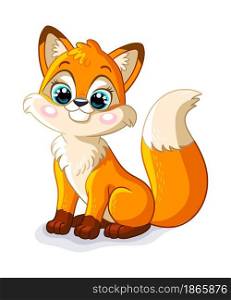 Cute sitting baby fox on white background. Cartoon character. Vector isolated colorful illustration. For print and design, poster, card, sticker, room decor, party, kids apparel. Cute sitting baby fox cartoon character vector