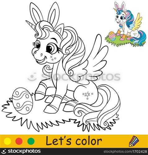 Cute sitting unicorn with easter egg. Coloring book page with color template. Vector cartoon illustration. For kids coloring, card, print, design, decor and puzzle.. Coloring with template cute sitting easter unicorn vector illustration