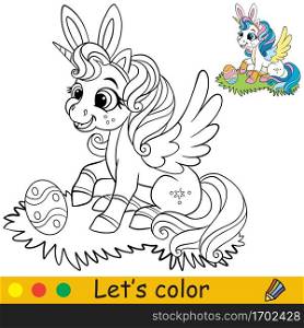 Cute sitting unicorn with easter egg. Coloring book page with color template. Vector cartoon illustration. For kids coloring, card, print, design, decor and puzzle.. Coloring with template cute sitting easter unicorn vector illustration