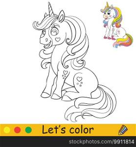 Cute sitting unicorn with long mane. Coloring book page with colorful template. Vector cartoon illustration isolated on white background. For coloring book, preschool education, print and game.. Cute sitting unicorn with long mane coloring vector
