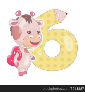 Cute six number with baby giraffe cartoon illustration. School math funny font symbol and kawaii animal character. Kids scrapbook sticker. Children 6 years old birthday and anniversary number clipart