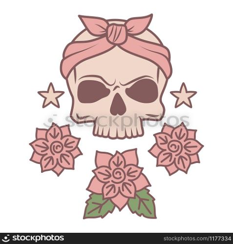Cute skull and flowers tattoo template isolated on white background, vector illustration. Cute skull and flowers tattoo template