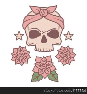 Cute skull and flowers tattoo template isolated on white background, vector illustration. Cute skull and flowers tattoo template