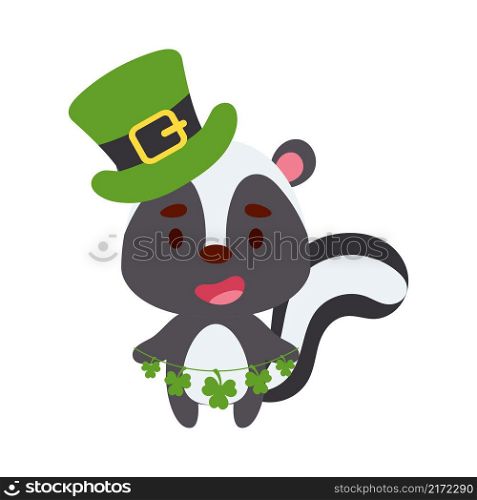 Cute skunk in St. Patrick&rsquo;s Day leprechaun hat holds shamrocks. Irish holiday folklore theme. Cartoon design for cards, decor, shirt, invitation. Vector stock illustration.