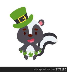 Cute skunk in St. Patrick&rsquo;s Day leprechaun hat holds shamrocks. Irish holiday folklore theme. Cartoon design for cards, decor, shirt, invitation. Vector stock illustration.