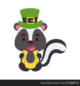 Cute skunk St. Patrick’s Day leprechaun hat holds horseshoe. Irish holiday folklore theme. Cartoon design for cards, decor, shirt, invitation. Vector stock illustration.
