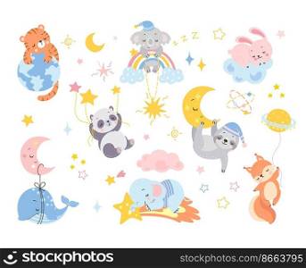 Cute sleeping animals. Cartoon sleep characters on moon and rainbow. Baby panda, rabbit on cloud and fox. Funny newborn shower party nowaday vector stickers. Illustration of character animal. Cute sleeping animals. Cartoon sleep characters on moon and rainbow. Baby panda, rabbit on cloud and fox. Funny newborn shower party nowaday vector stickers