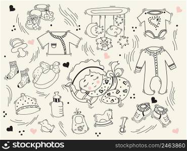 Cute sleeping baby in pajamas on a pillow, baby things, clothes, toys and shoes. Vector. Set of doodles. childrens collection. outline, Line, contour. Isolated elements