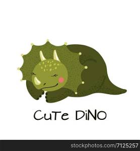 Cute sleeping baby triceratops dinosaur isolated on white background. Little dino for t-shirt, kids apparel, poster, nursery or etc. Vector illustration.. Cute baby triceratops dinosaur isolated on white.