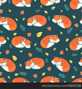 Cute sleeping fox seamless pattern background