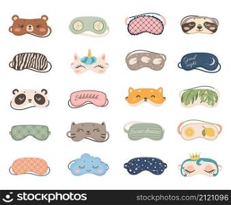 Cute sleeping masks with animals and patterns, night eye mask. Cartoon sleep accessories for dreaming, nightwear pajama elements vector set. Bedtime relaxation and rest, comfortable blindfold. Cute sleeping masks with animals and patterns, night eye mask. Cartoon sleep accessories for dreaming, nightwear pajama elements vector set