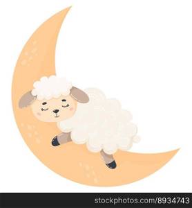 Cute sleeping sheep on moon. Vector illustration. Funny cartoon farm animal for kids collection, postcards, design, print